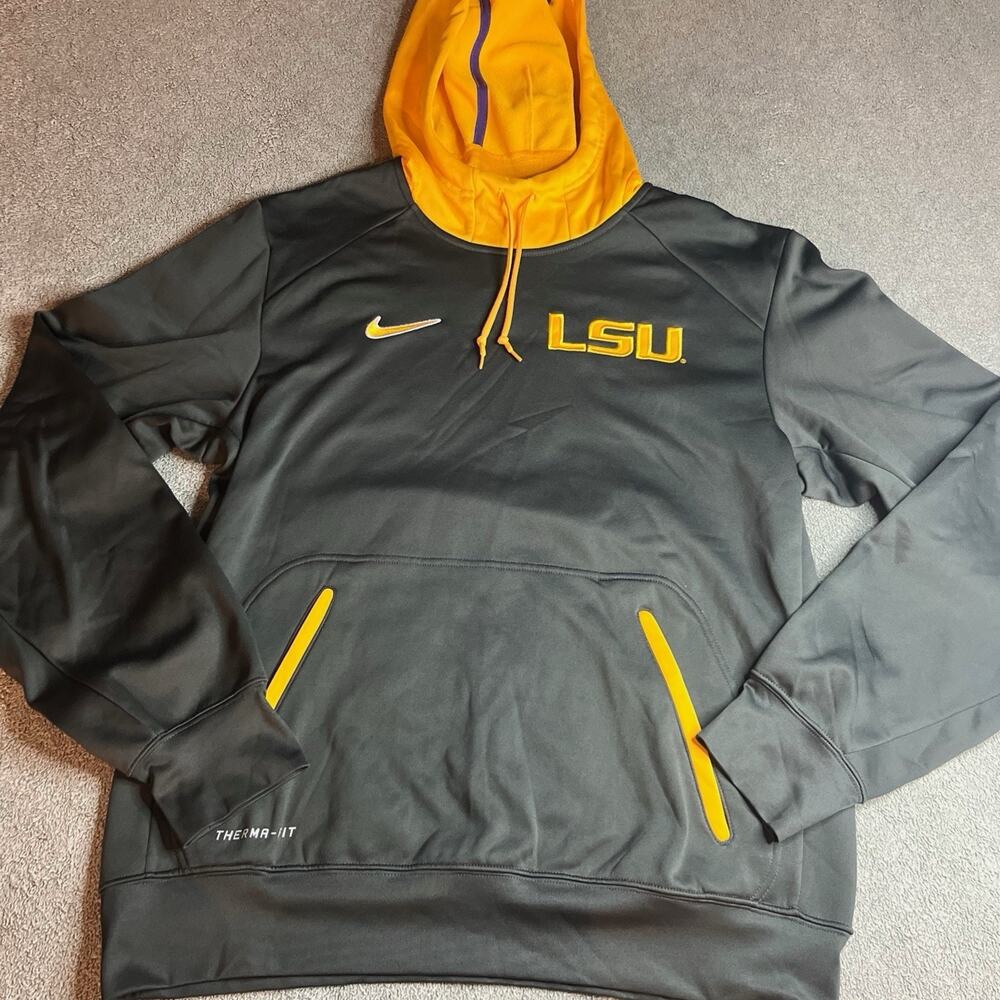 Nike LSU Tigers Therma-FIT Elite Hoodie Sweatshirt Mens Medium Gray Yellow